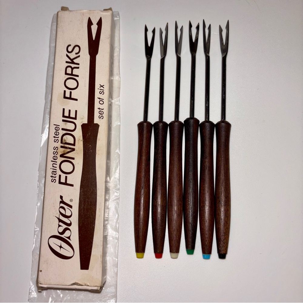Vintage MCM Oster Wooden Handle Fondue Forks with Color Tips